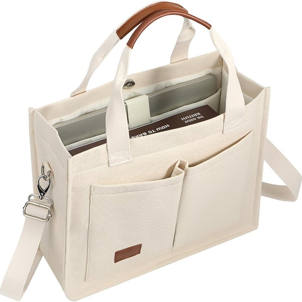 Durable Beige Canvas Tote with Magnetic Closure - Perfect for Laptop & Daily Use